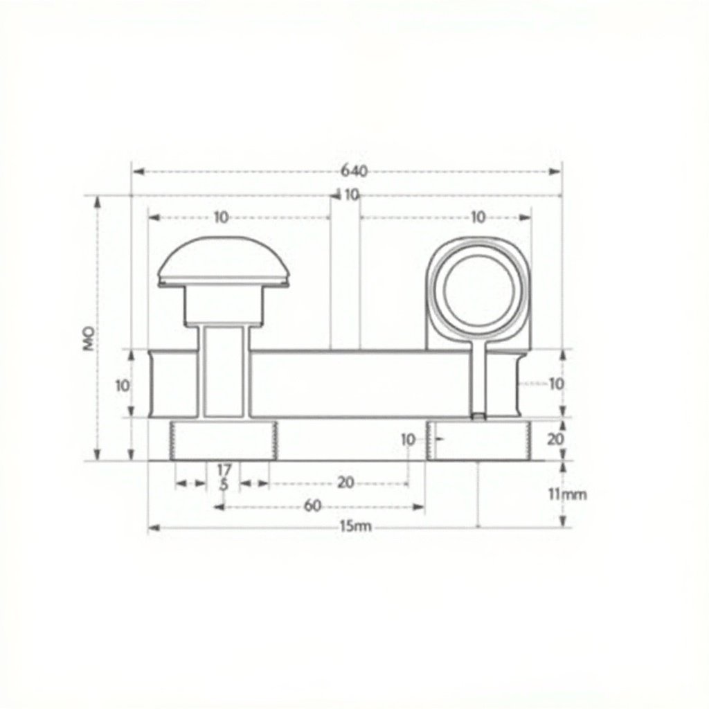 Create a detailed technical drawing of a mechanical component showing a base plate with rounded ends. Include a cylindrical structure with a diameter of 60 mm and a height of 60 mm on one end. Add a slot in the center of the base connecting the cylinder to a rectangular block. Label dimensions clearly.