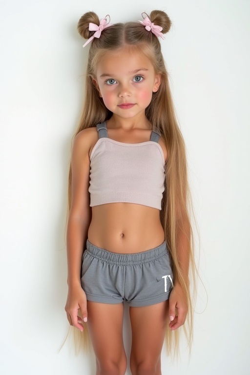 Girl with long straight blonde hair and bows stands in front of a white background. She wears a crop top and shorts. Beautiful long legs and eyes.