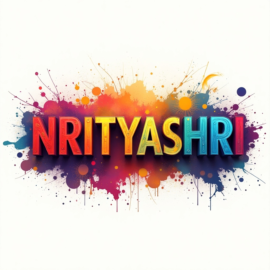 Create a vibrant image featuring the word 'NRITYASHRI' in large, colorful letters. The letters should be surrounded by splatters of paint in various bright colors like red, orange, yellow, green, blue, and purple. The overall effect should be energetic and artistic, capturing the essence of dance and creativity. The background should be light to allow the colors to pop, while the focal point remains on the bold text. Ensure that the design radiates positivity and a sense of celebration.