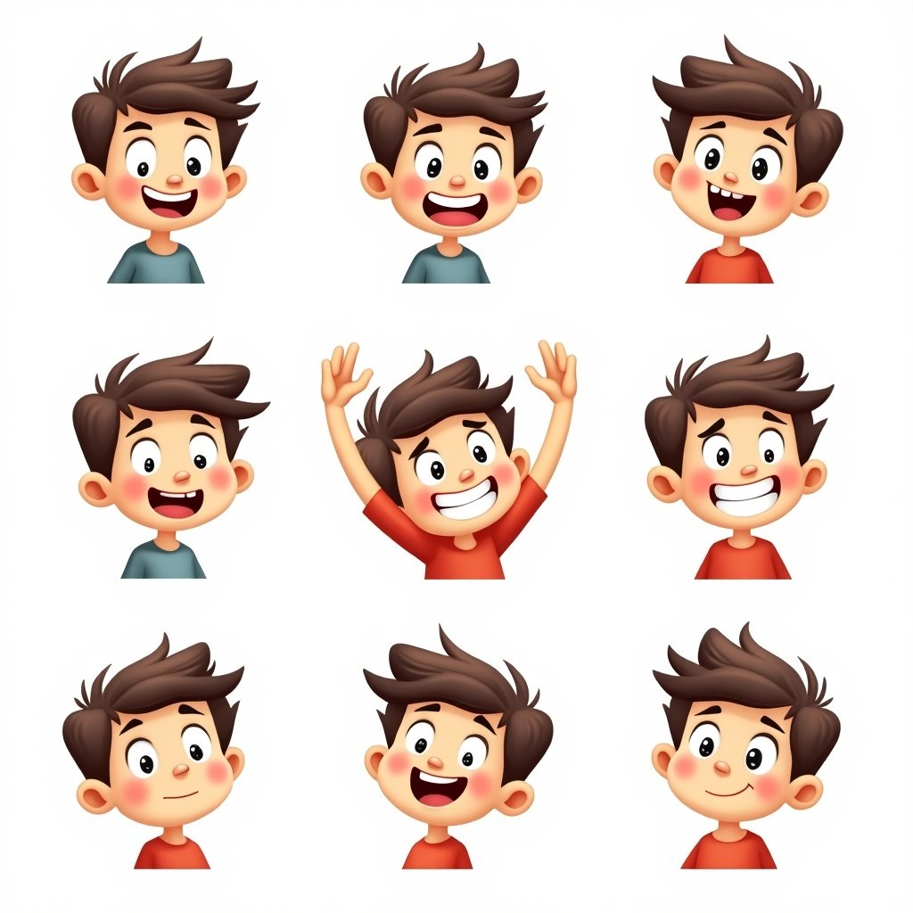 A cartoon boy shows different happy facial expressions. Each expression highlights joy and playfulness. Bright colors enhance the cheerful theme.