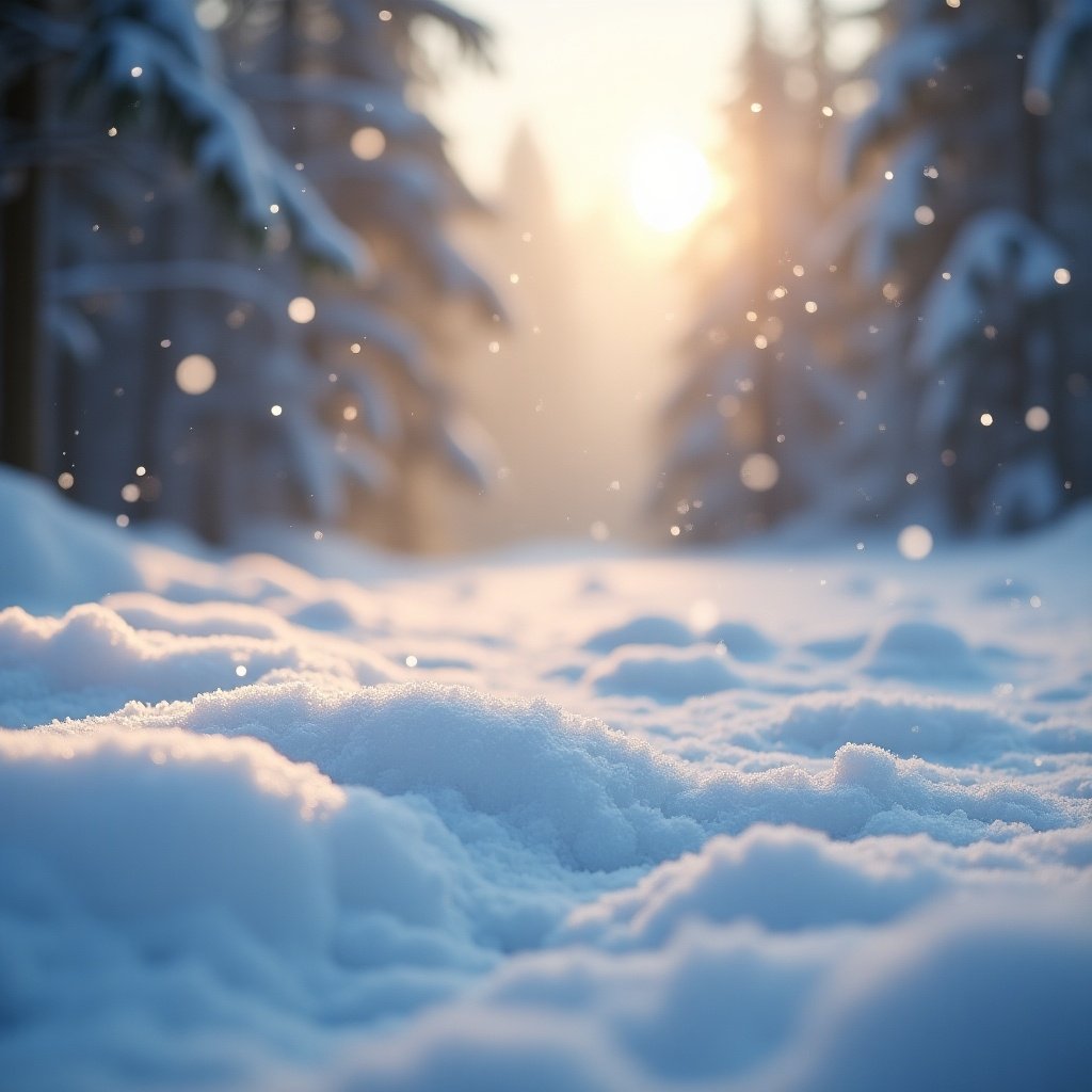 Winter landscape scene with fluffy snow covering the ground. Snowflakes falling gently with sunlight glowing through trees. Close-up view emphasizes intricate snow textures. Calm and peaceful ambiance. Realistic depiction resembling a film effect.