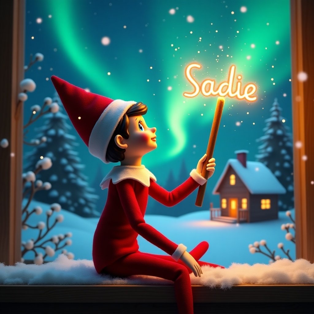 An elf on the shelf sits with its back to the viewer. The elf gazes skyward while holding a glowing wand. A charming Christmas scene is shown with colorful northern lights. A cozy house can be seen in the distance. Snow is on the ground. The elf embodies magic and wonder of Christmas. The name Sadie appears in the air from the wand.