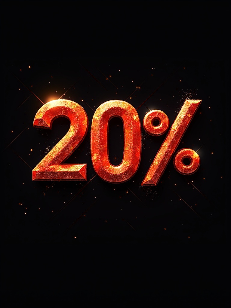 Stylized logo featuring transformed text with dramatic lighting. The number '20%' is emphasized with texture and sparkle.