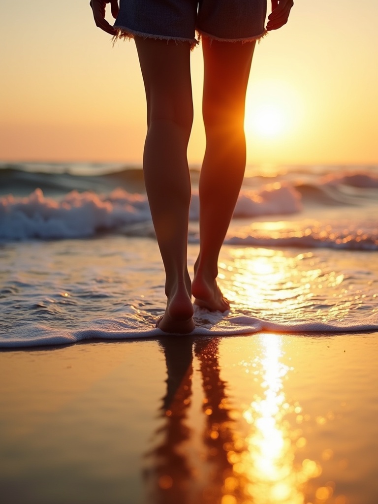 Female feet walking on the beach during sunset Warm sunlight shines from behind Ocean waves lap at the shore Sand is visible under the feet