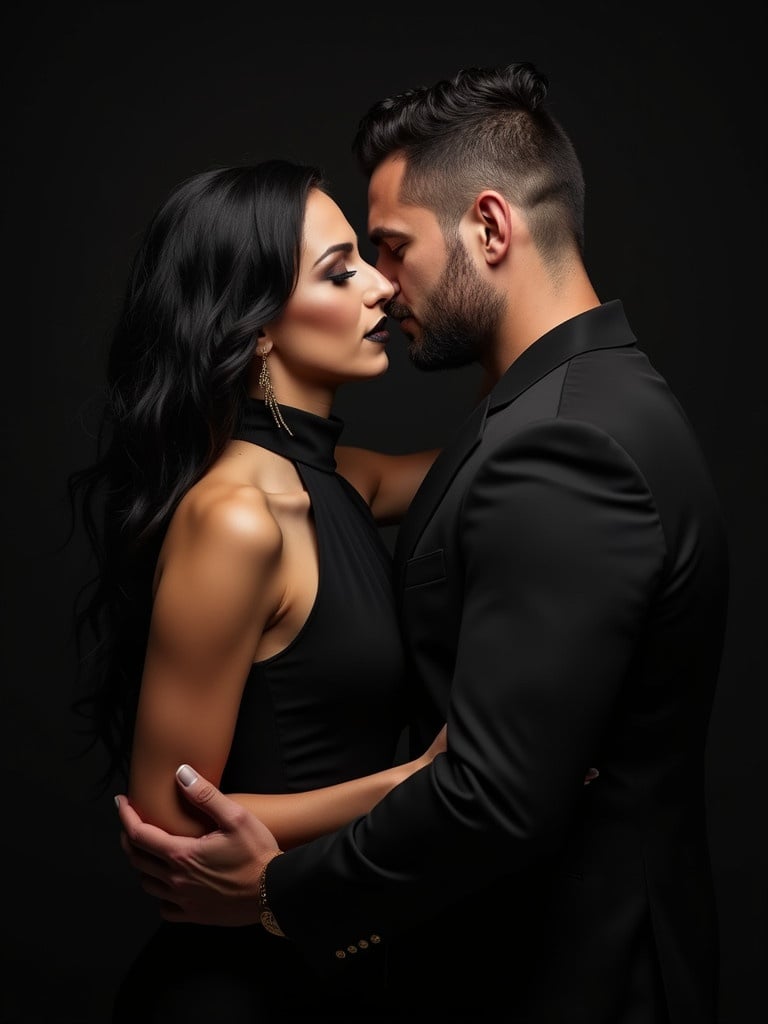 A couple in an intimate pose. The woman has long dark hair and dramatic makeup. The man has a rugged look with short hair. Both are dressed in elegant black outfits. The atmosphere is sophisticated and alluring.