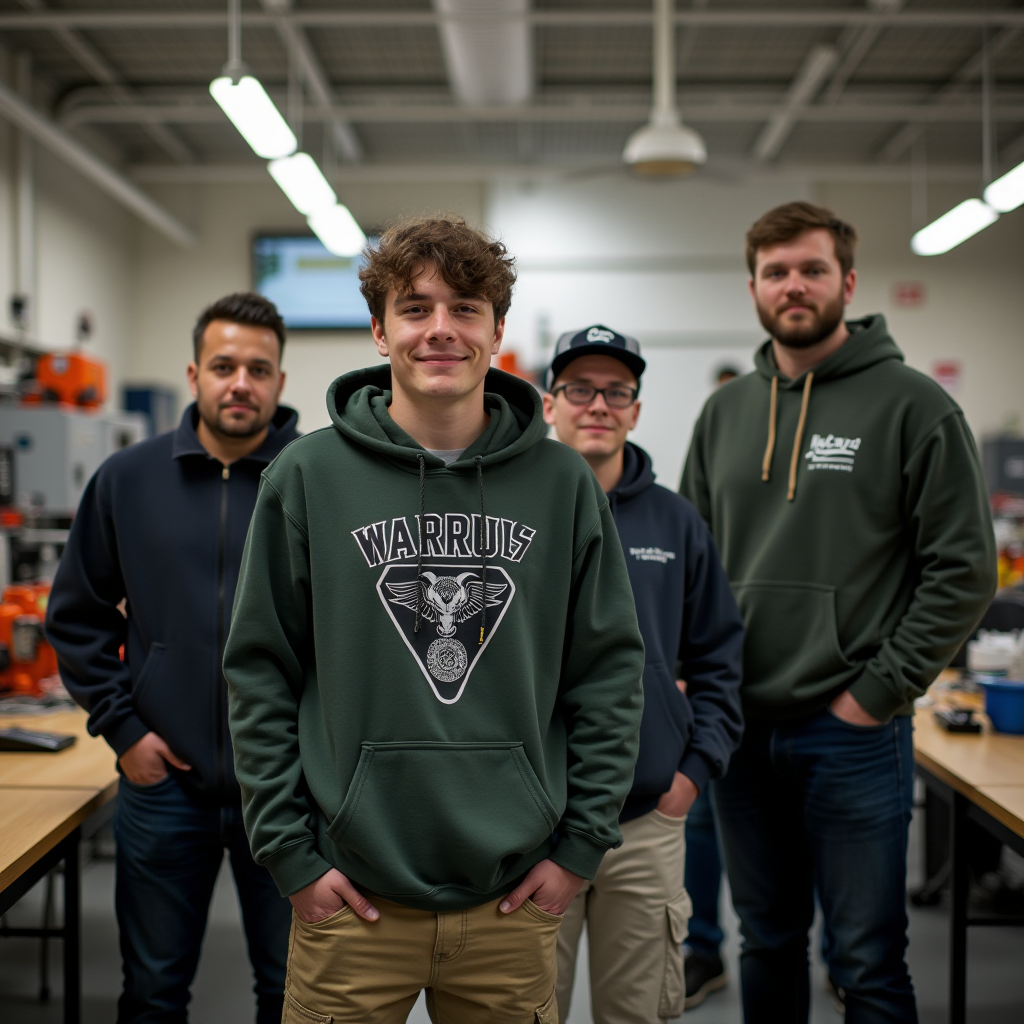 A group of four men standing confidently in a workshop environment, wearing casual hoodies.