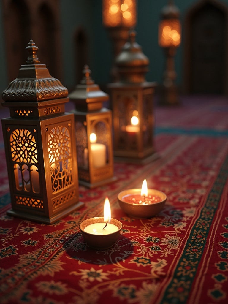 Beautiful arrangement of decorative lanterns and candles on an ornate rug. Soft warm light from the candles creates a serene atmosphere. Rich patterns and colors enhance the festive mood.