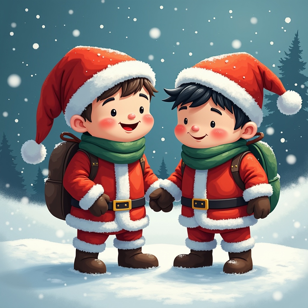 The image depicts two cheerful children dressed as Santa Claus, named Luke and James, standing together in a snowy landscape. They are wearing bright red Santa suits, with green scarves and hats, both smiling happily. Snowflakes are gently falling around them, creating a magical winter atmosphere. The background features evergreen trees, enhancing the holiday spirit. This delightful scene captures the joy and camaraderie of friendship during the festive season.