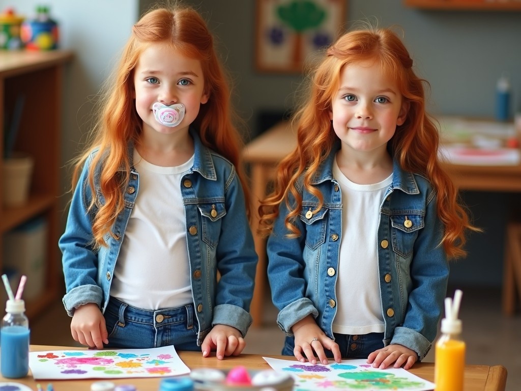 This image features two seven-year-old twin girls with long reddish-brown hair and emerald green eyes. They are wearing t-shirts, denim jackets, and jeans, standing at a kindergarten table engaged in arts and crafts. One girl is holding a pacifier in her mouth, while both are smiling and ready to showcase their colorful artwork. The setting is bright and inviting, typical of a playroom or learning environment for young children. Various art supplies are visible, adding to the creative atmosphere.