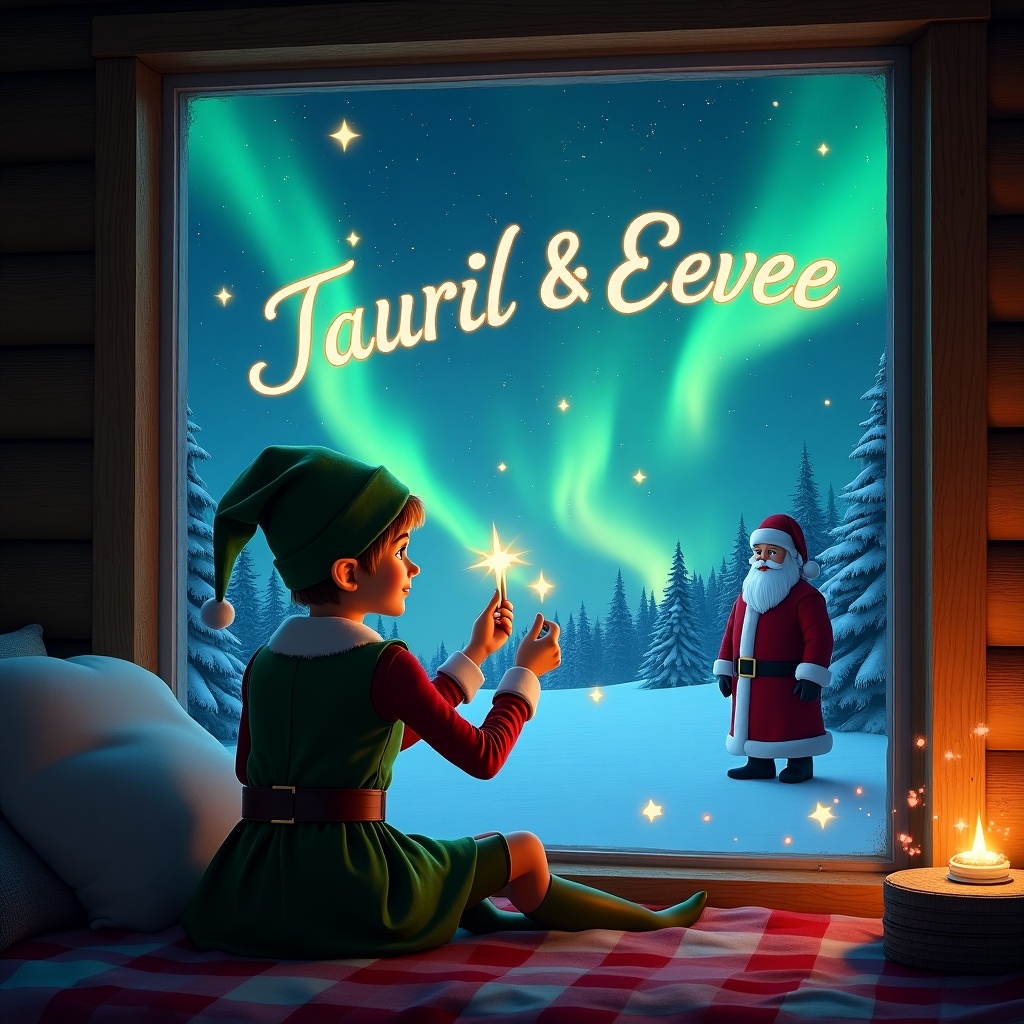 Enchanting Christmas scene from a cozy cabin interior. A seated elf with back to viewer, looking outside at the night sky. Using a magic wand to write 'Tauriel & Eevee' in glowing letters. Vibrant northern lights fill the sky and snow-covered trees in the background. Santa Claus visible in the distance, creating a magical atmosphere.