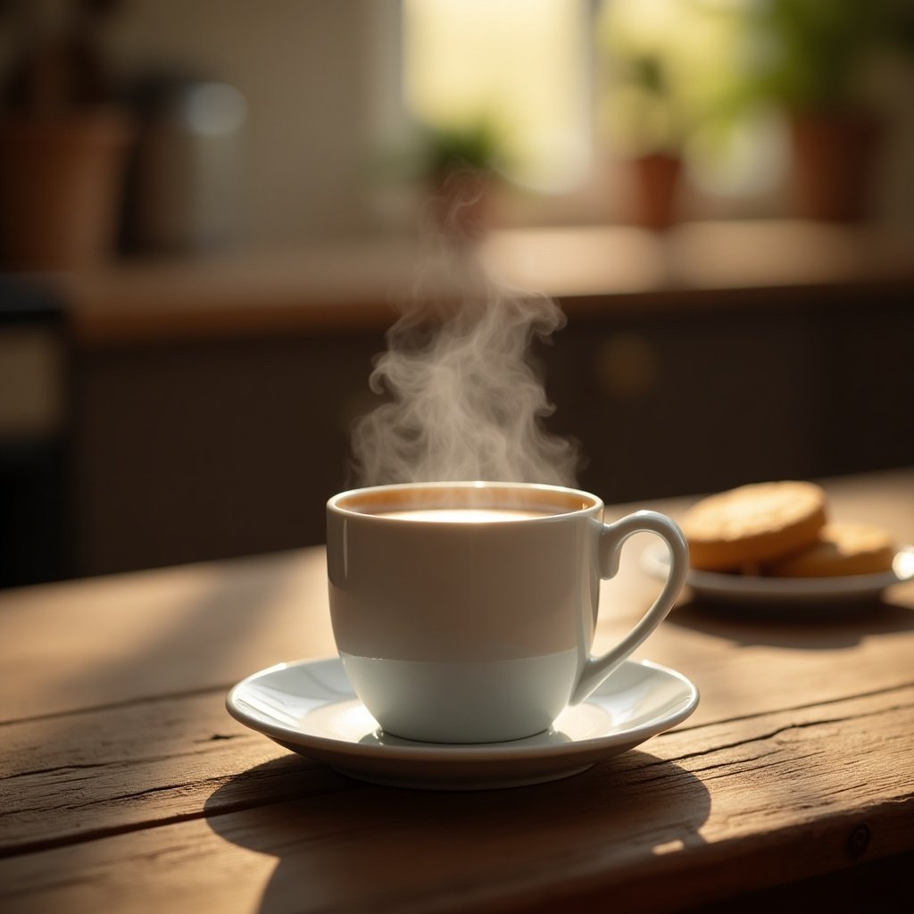 A steaming cup of hot Nescafe coffee on a wooden table. Soft sunlight filters through a window, highlighting the coffee and a plate of cookies in the background.