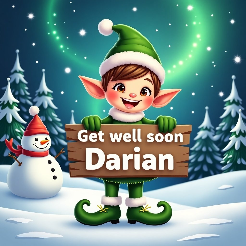 Cheerful Snow Elf holds a sign wishing well to Darian. Elf is dressed in green and white outfit. Background features northern lights, snow-covered trees, and a snowman. The scene is festive with a warm holiday feel.