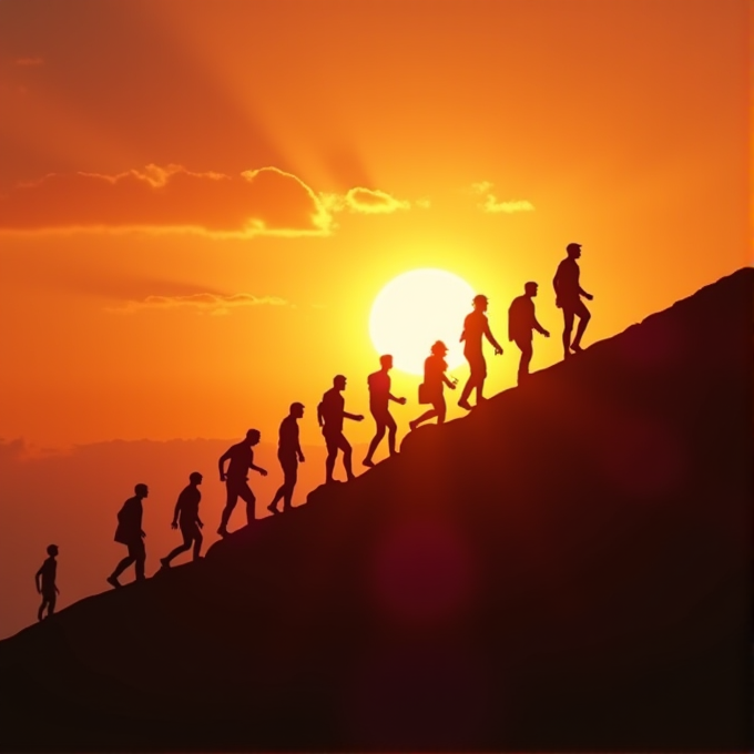 Silhouettes of people climbing a hill against a vibrant orange sunset.