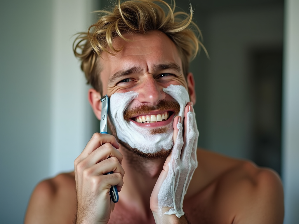 A man with a bright smile, smeared with shaving cream, holds a razor near his face, appearing joyful and playful.