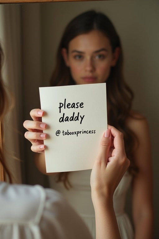 The image shows a petite girl holding a piece of paper. The paper has a handwritten note saying please daddy and @tabooxprincess. The focus is on the paper and the hand holding it. The setting is an indoor space with soft lighting.