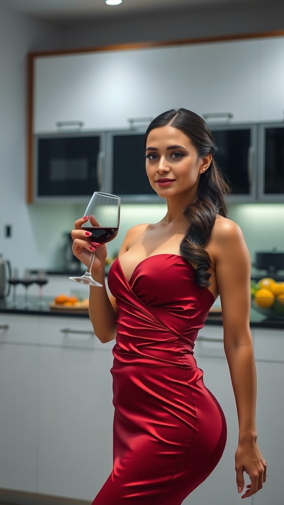 A woman in a red dress holding a glass of wine in a modern kitchen.