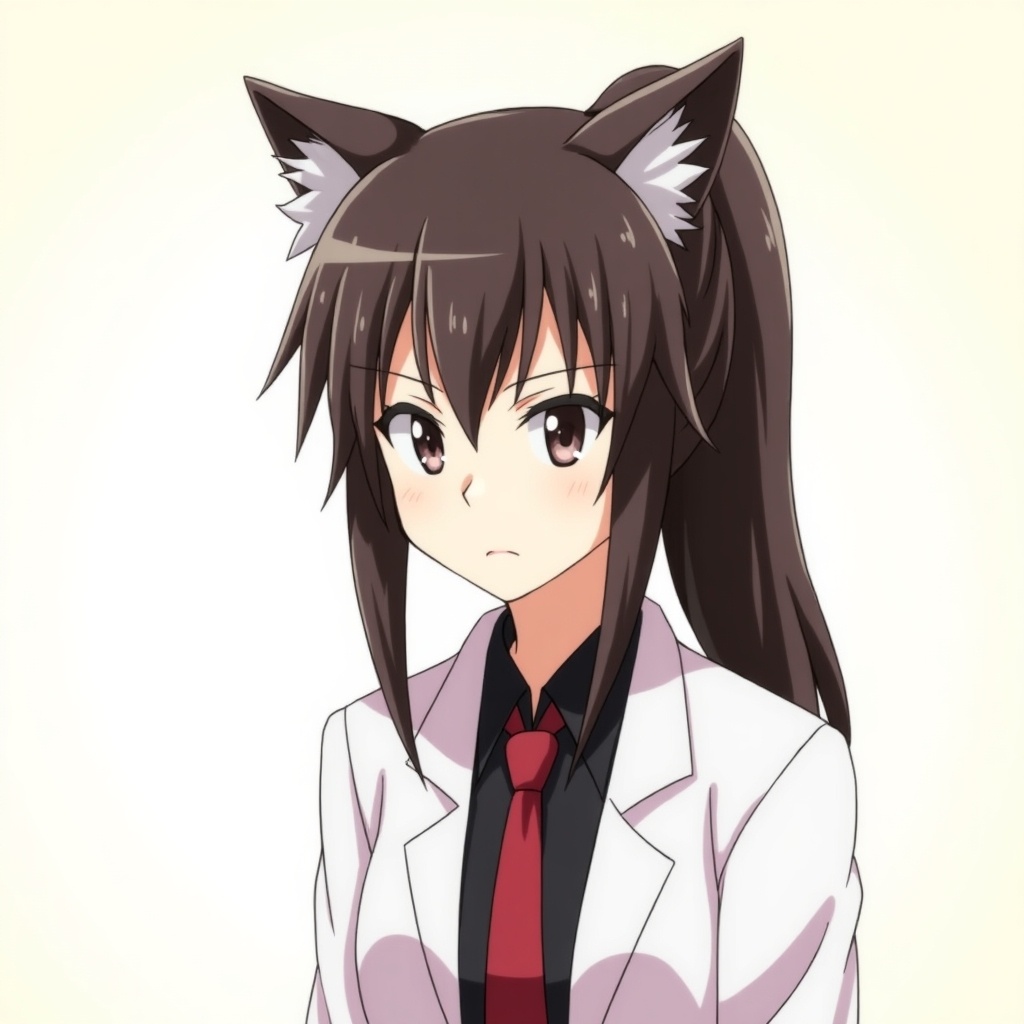 Animated character with cat-like ears. Long dark brown hair in ponytail. Serious and thoughtful expression. Wearing white lab coat and black shirt with red tie. Simple light background to focus on her. Slight hint of fierce demeanor typical in anime styles.