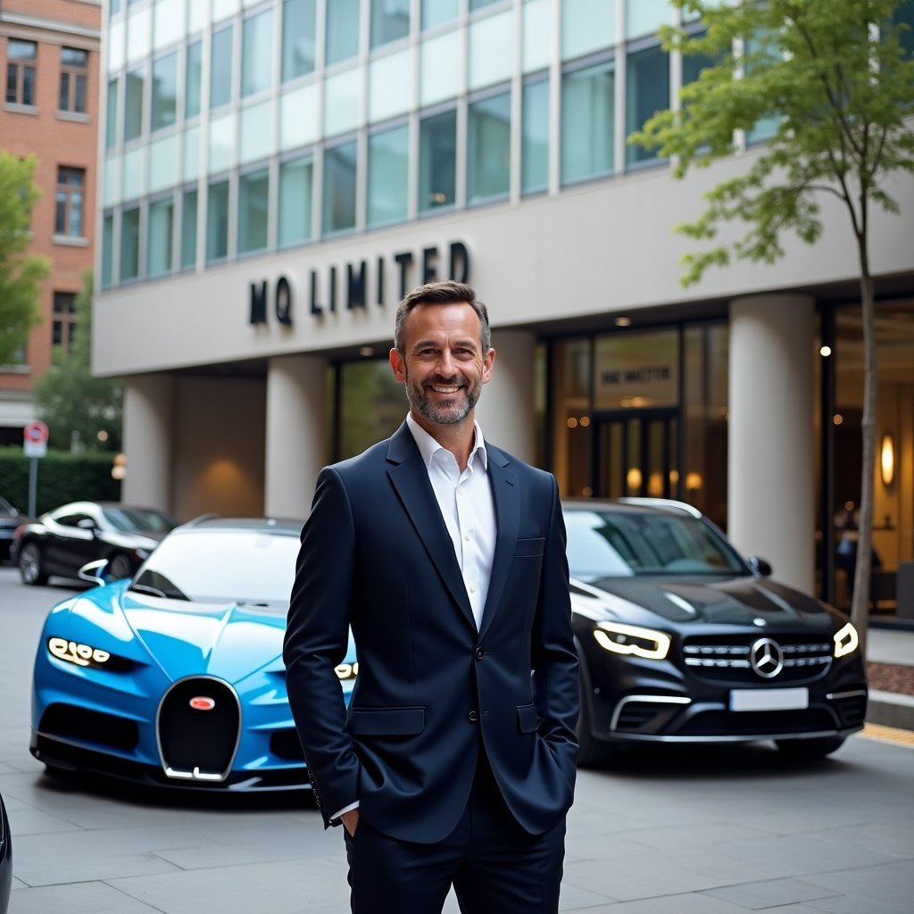 A businessman stands confidently outside a corporate building named MÔQ LIMITED with a Bugatti Chiron and Mercedes SUV nearby. The setting conveys luxury and professionalism.