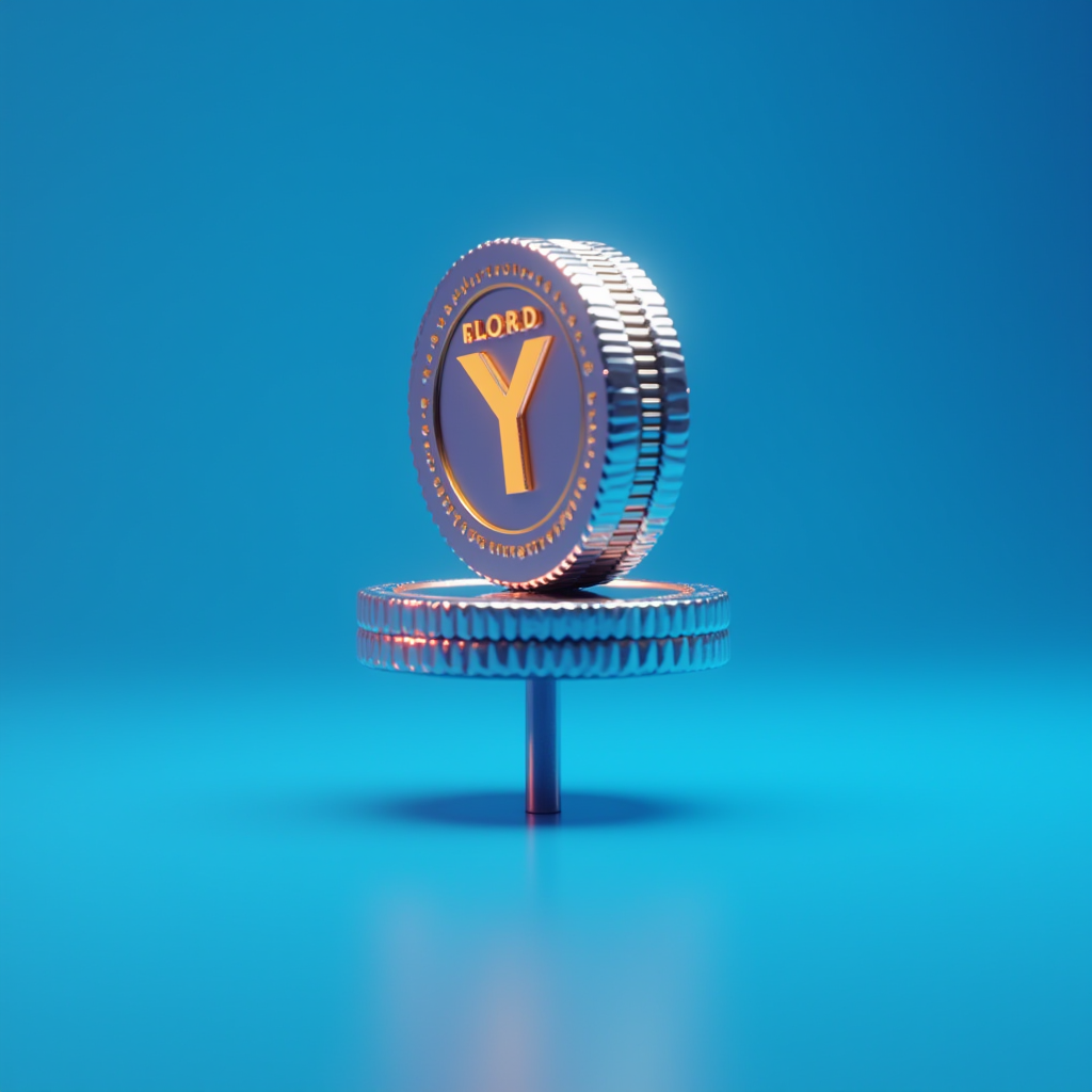 The image features a pair of stylized, metallic coins set against a vibrant blue background. One coin stands upright on its edge, delicately balanced atop another coin that lies flat. Both coins have a glossy, polished finish and are adorned with a prominent letter 'Y' in the center, highlighted in a warm orange hue. Above and below the 'Y', the word 'FLORD' is inscribed. A rod supports the horizontal coin, creating an impression of precision and equilibrium in a futuristic or digital finance context.