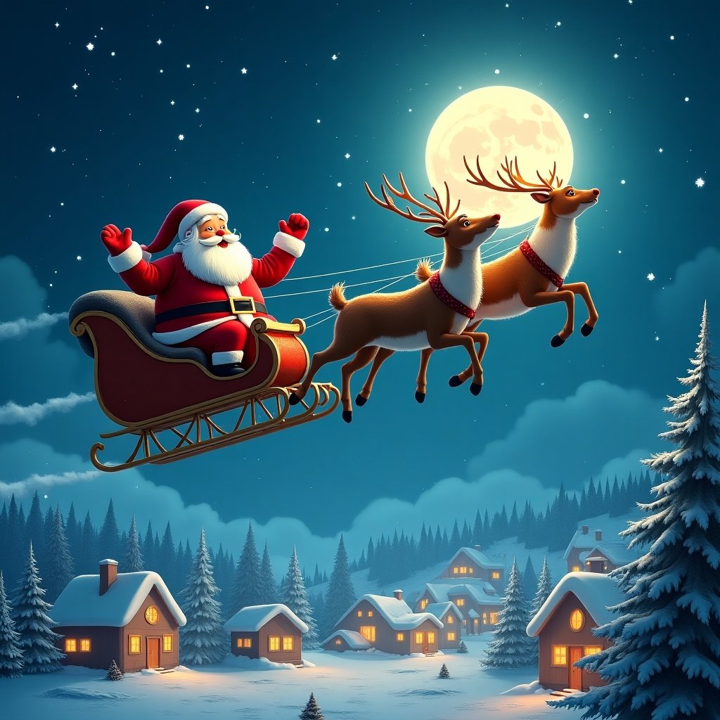 Santa Claus flying on his sleigh. Reindeer pulling the sleigh. Moon illuminating the snowy landscape. Houses covered in snow.