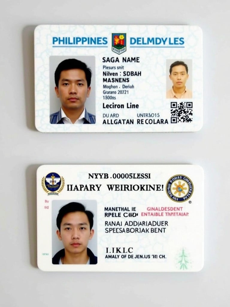 Design of a Philippine national ID card. The card shows identification details. Person's name appears prominently. Incorporates security features. Ideal for identity verification purposes. Includes background design elements.