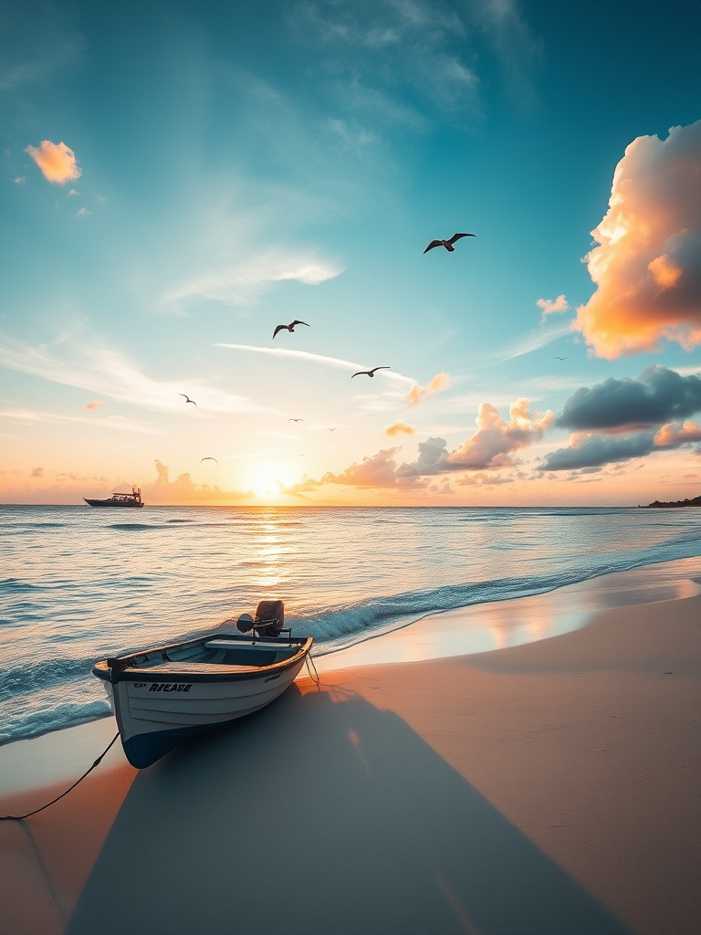 The image captures a tranquil sunset on a sandy beach, where a small boat is peacefully docked on the wet sand. The sky is painted in gradients of orange and turquoise, with a few clouds scattered playfully. Several birds are soaring above the water, adding a sense of freedom and calm to the scene.