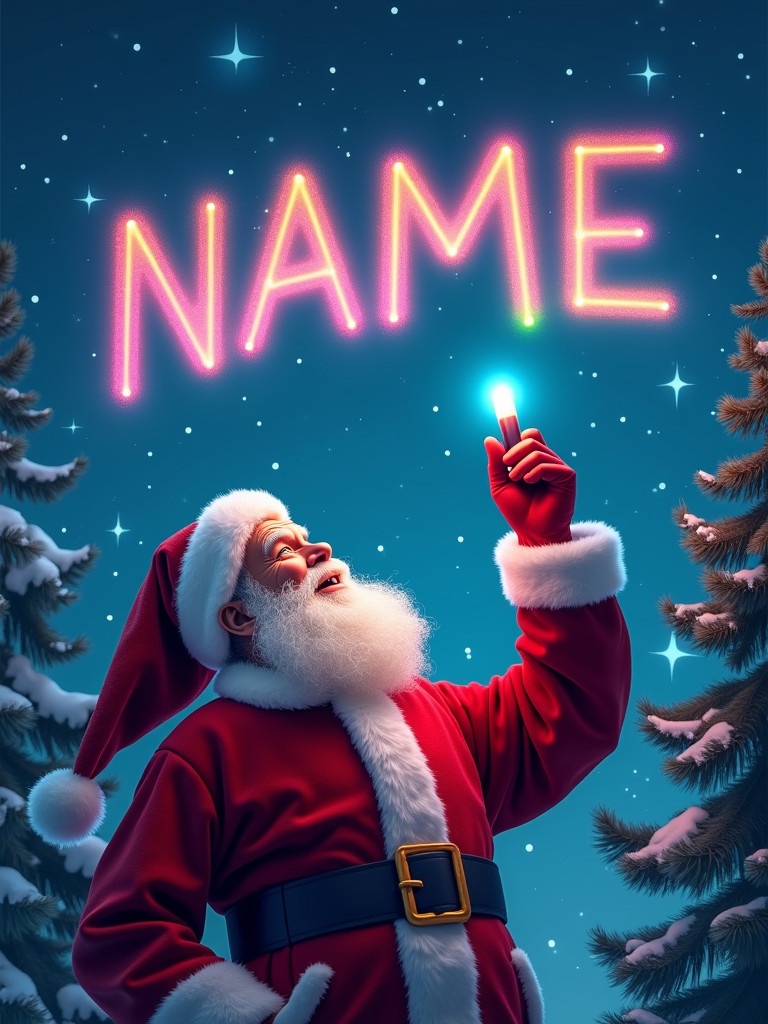 A festive Christmas scene features Santa Claus joyfully writing the name 'NAME' in the night sky. He looks upwards with a happy expression. The background displays soft winter colors with twinkling stars. The text glows vibrantly, celebrating the holiday spirit. Pine trees frame the scene, enhancing the festive mood.