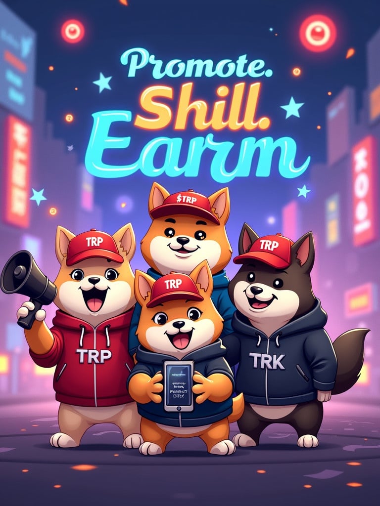 Create a promotional image for a Shill-to-Earn cryptocurrency campaign by TRP Token. Include Shiba Inu characters of various fur colors. Each character wears a red cap labeled $TRP. Depict them as influencers with distinct items. The background is a vibrant Web3 city with holographic billboards. Include social media icons and crypto tokens. Highlight the tagline Promote. Shill. Earn. Join the TRP Token Revolution!