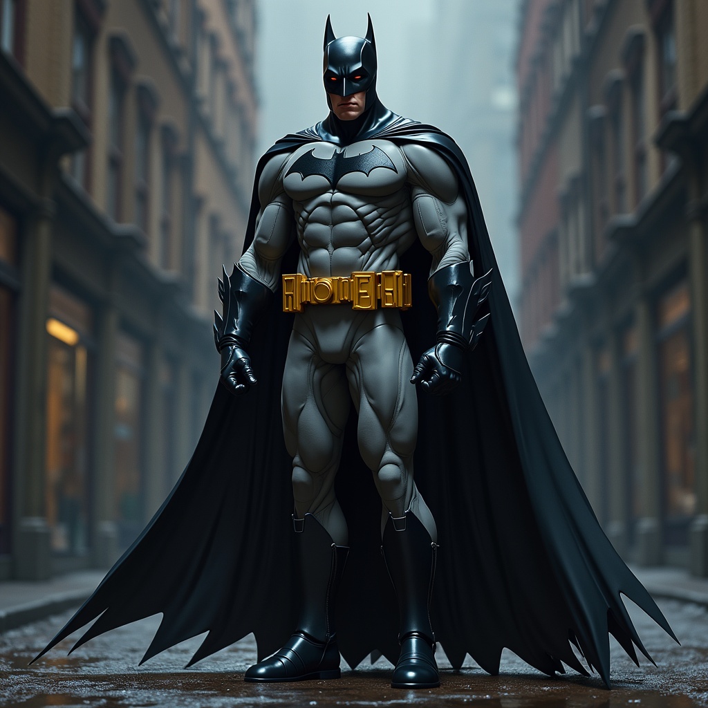 Batman standing in a moody urban setting. Heroic pose, muscular physique, iconic costume, dramatic atmosphere