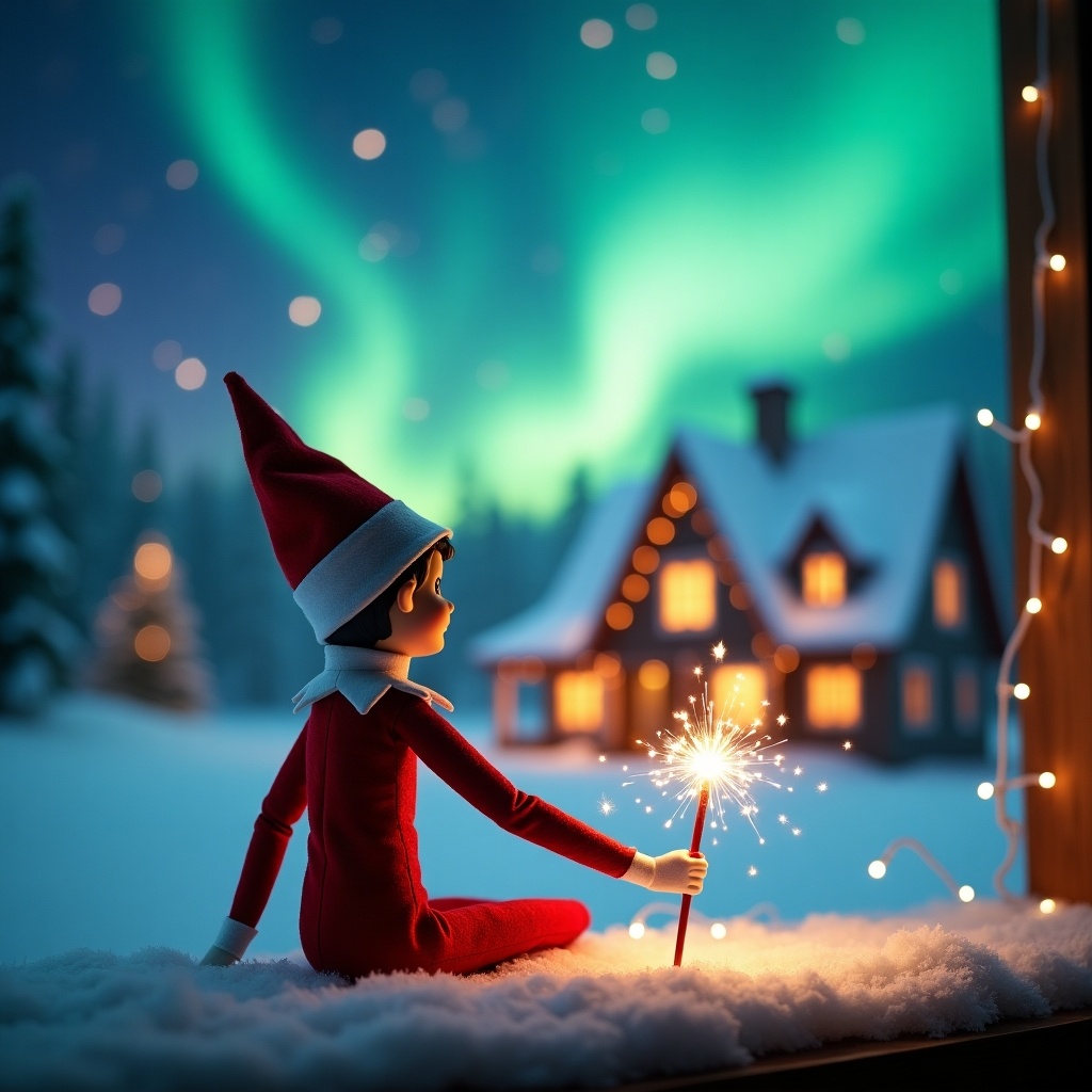 Elf on the Shelf gazes skyward holding a glowing wand in a snowy landscape. Colorful northern lights light up the night sky above a cozy, holiday-decorated house. Snow blankets the ground creates a festive vibe. Magic and wonder embody the scene. Words float in the air created by the wand.