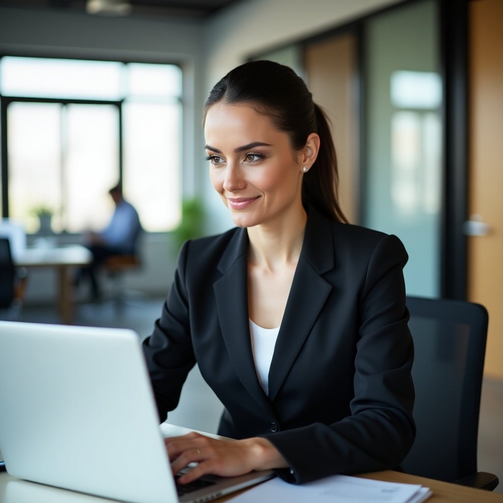 A professional woman in a suit working on a laptop in a modern office.