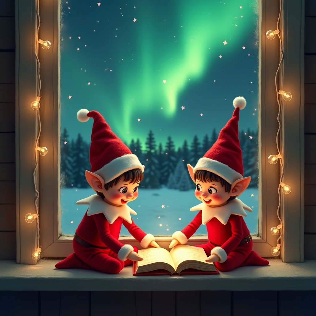 This enchanting image depicts two cheerful elves on the shelf, dressed in iconic red outfits with pointy hats, sitting by a window. They are engrossed in a book illuminated by a soft glow, suggesting the exchange of holiday secrets. Outside, the spectacular northern lights dance in vibrant greens and blues, creating a magical backdrop. Delicate holiday lights frame the window, adding to the festive atmosphere. The overall mood is warm and inviting, perfect for celebrating the spirit of Christmas and anticipation for visits from Santa.