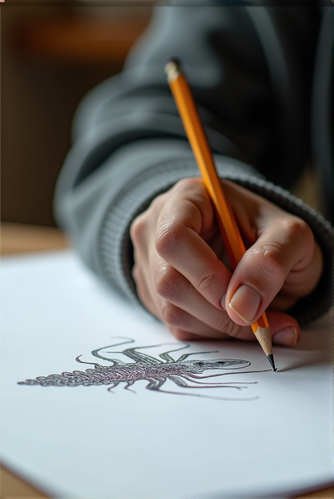 A hand holding a pencil is drawing a detailed, intricate insect-like creature on paper.