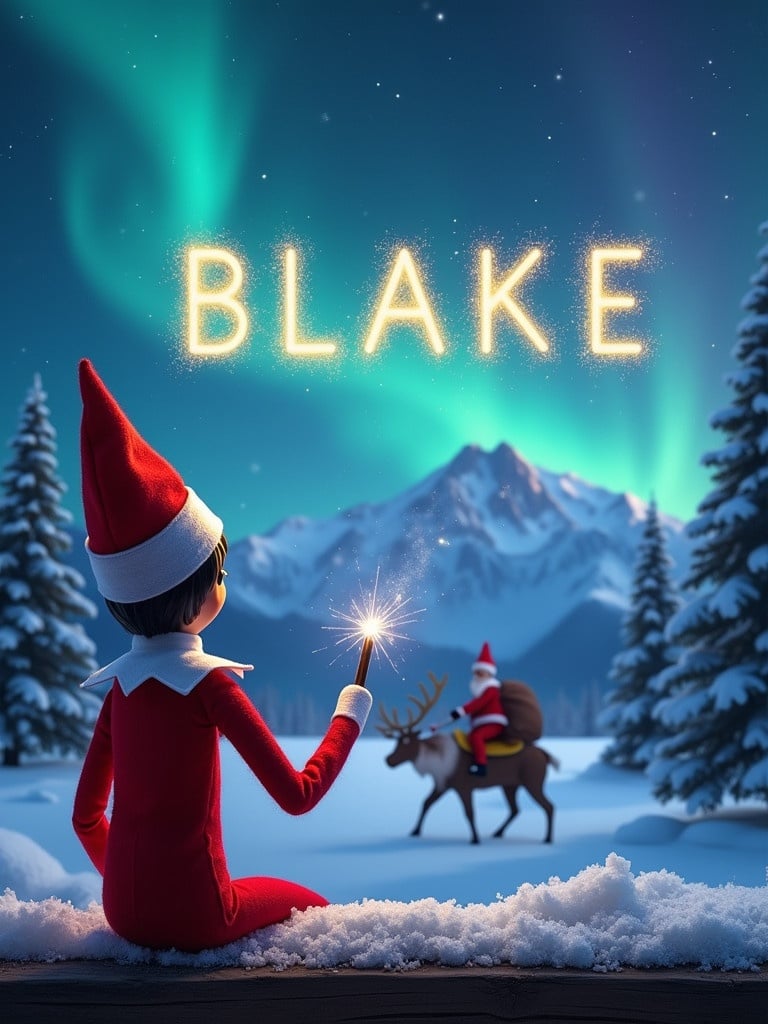 Scene features Elf on the Shelf gazing at sky. Elf spells 'BLAKE' with a wand. Background shows vibrant northern lights. Santa Claus silhouette with reindeer in distance. Snow-covered trees and mountains create holiday atmosphere.