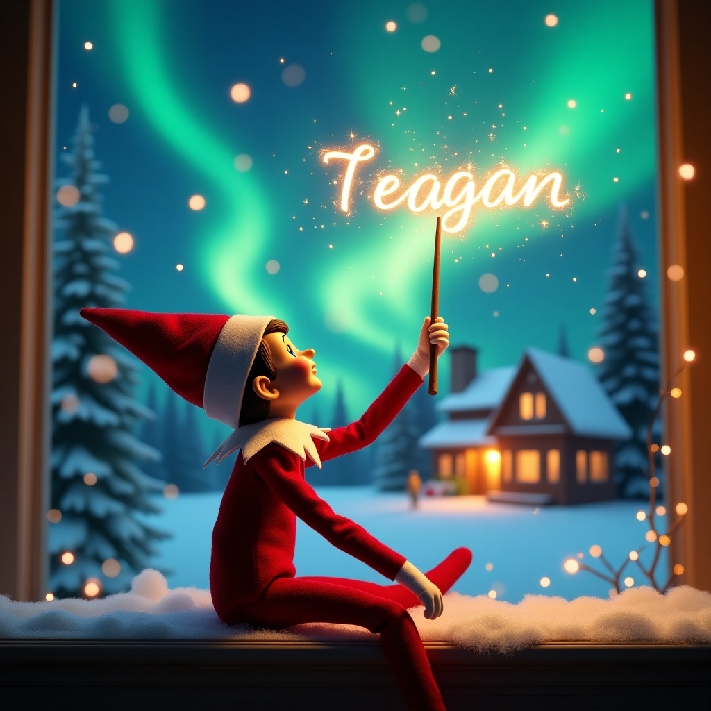 Elf sits with back to viewer gazing at northern lights. Holds glowing wand emitting sparkle. Background features cozy house decorated for Christmas. Snow covers the ground.