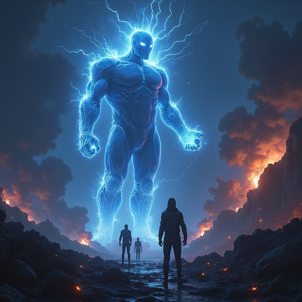 A colossal figure of cosmic energy towers over a dark landscape. Three characters stand in awe, confronting the immense power radiating from the energy figure against a backdrop of clouds and flames.