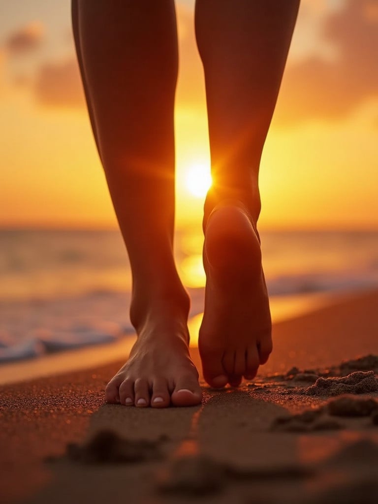 Female feet are walking on the beach during sunset. Warm sunlight shines from behind. The ocean waves gently lap at the shore. Sand is visible under the feet.