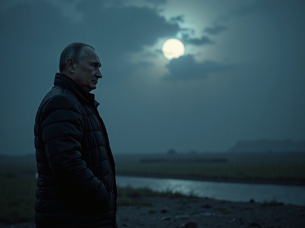 The image depicts a solitary figure standing by a riverbank at night, with the moon illuminating the scene. The individual is wearing a dark puffer jacket, and the atmosphere is rendered more melancholic with light rain falling, visible in the faint streaks across the image. The moonlight casts a gentle glow on the water, adding to the serene yet somber ambiance.