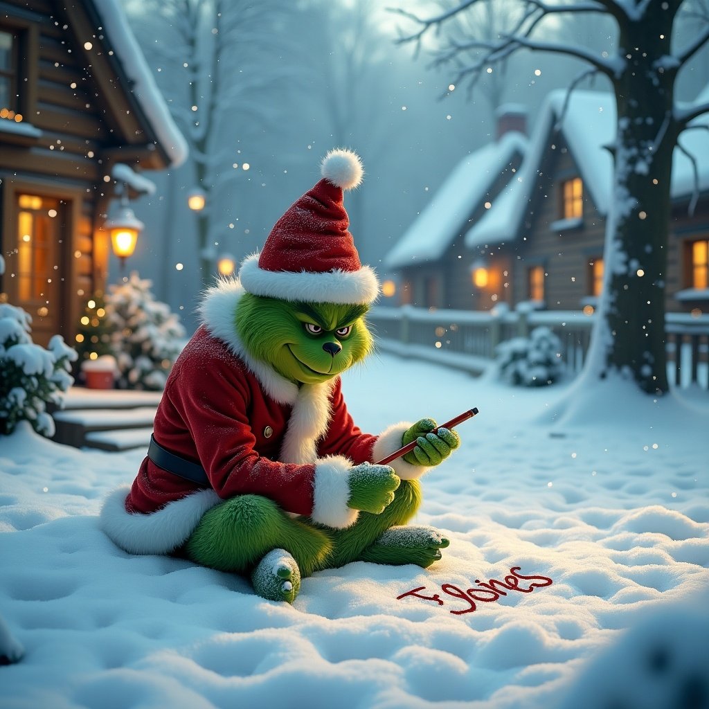 Grinch sits in snowy landscape wearing Christmas outfit. He writes names in the snow. Snowflakes fall delicately. Cozy cottages with lights surround him. Moment captures creativity and spirit of giving.