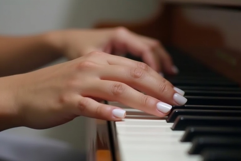 Close-up of a young woman's hands playing piano keys. White nail polish on fingers. Soft natural light highlights the hands. Focus on piano with a subtle artistic flair.