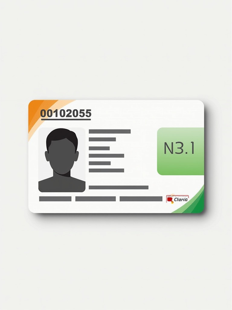 The image showcases a realistic Indian ID card. The card features the colors of the Indian flag prominently in green and orange. Spaces for personal information like photo name and date of birth are present. There is a unique identification number displayed. This modern layout is designed for clarity and functionality. The card depicts official ID cards used in India effectively. It serves well as an illustrative reference in contexts related to identification documents.