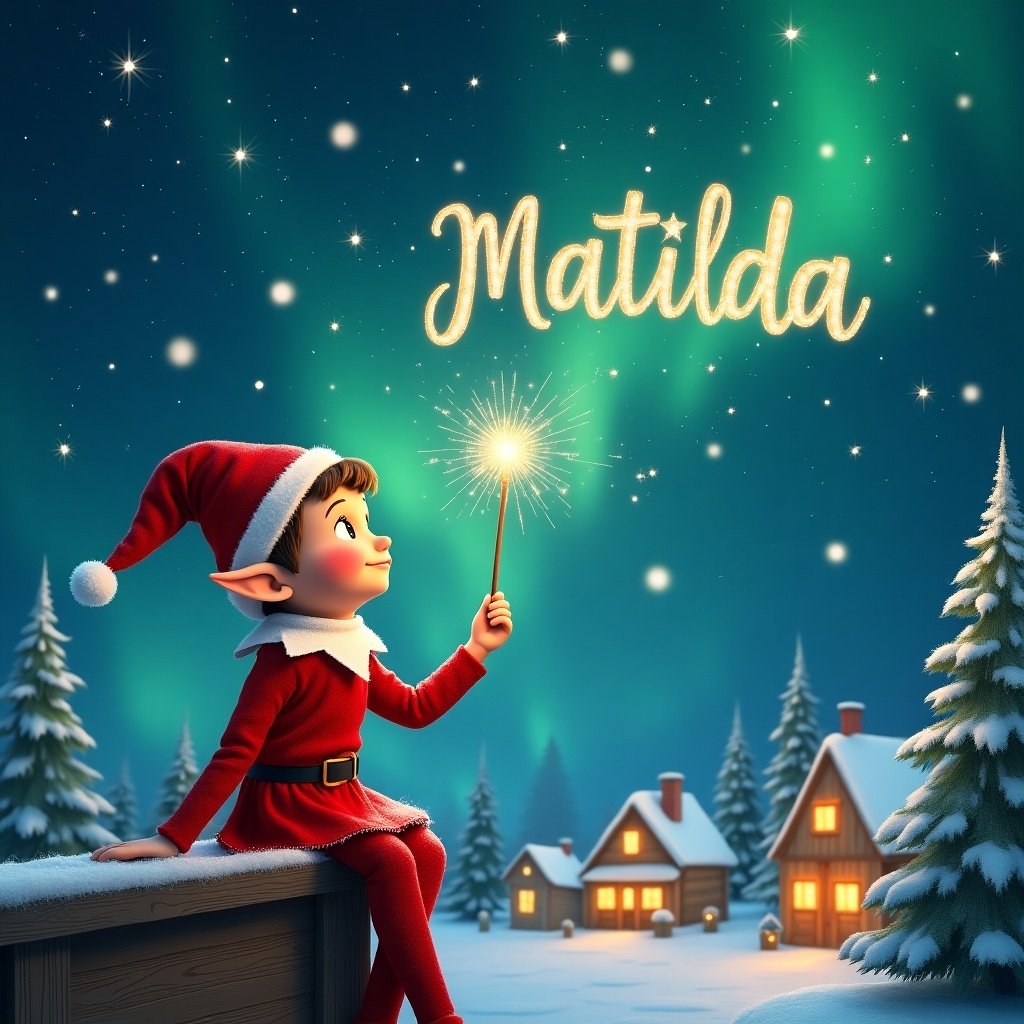 Elf sits on wooden ledge gazing at magical sky filled with stars and Northern Lights. Dressed in red outfit with pointed hat. Elf holds sparkling wand writing 'Matilda' in sky. Charming houses and evergreen trees in background. Scene captures essence of childhood magic. Elf writes names 'Natasha' and 'Ada'.