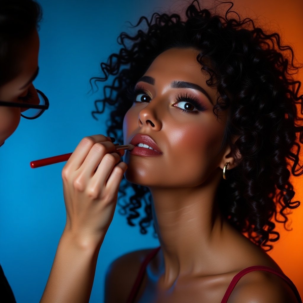 Close-up portrait of a woman with curly hair. Dramatic and artistic makeup application. Soft lighting with blue and orange tones. Engaging gaze. Expressive eyes and full lips. Makeup artist applying lip color. Moment of transformation in beauty. Abstract background.