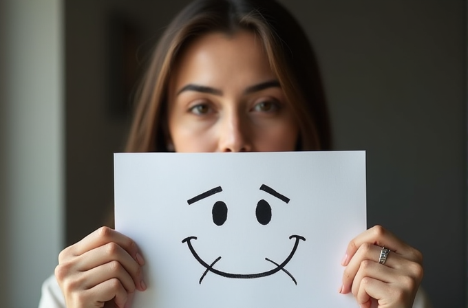 A person holds a paper with a smiling face drawn on it, partially covering their own face.