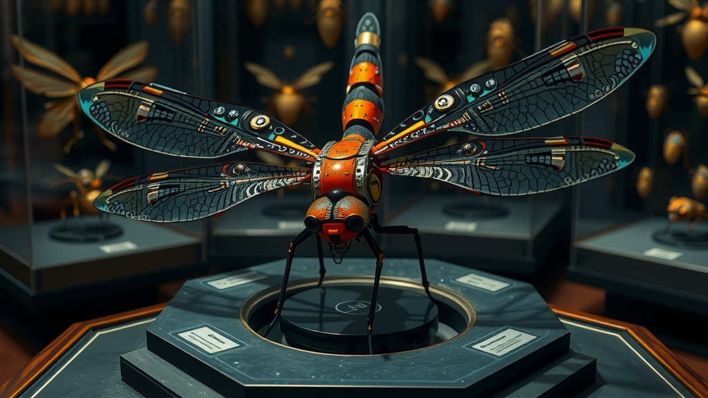 A vividly detailed cybernetic dragonfly centerpiece in an imaginative insect-themed gallery.