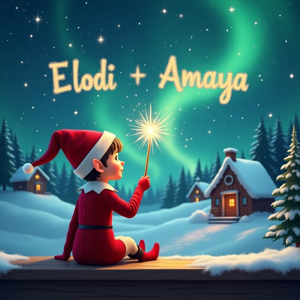 Elf with red outfit and pointed hat holds sparkling wand. Elf gazes at magical sky while writing names in stars. Background has snowy landscape, charming houses, evergreen trees, and shimmering Northern Lights. Captures essence of childhood magic and Christmas.