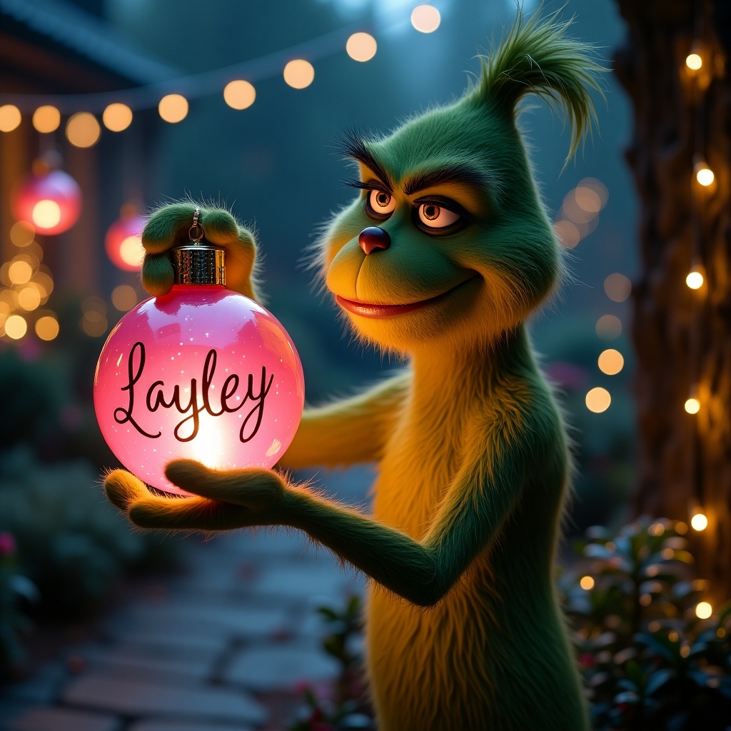 A whimsical green character holds a glowing pink Christmas bauble. Festive lights twinkle in a night garden. The bauble has an elegant name written on it. Warm and inviting atmosphere creates a holiday feel.