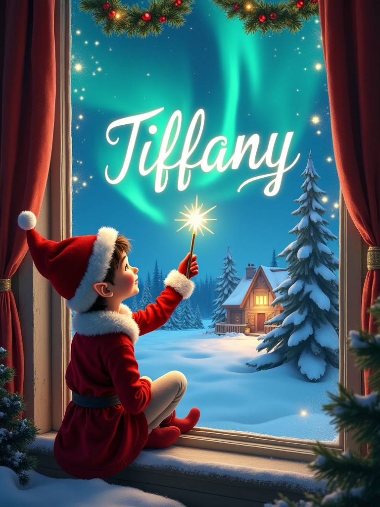 Enchanted scene features young elf by window during Christmas. Elf wears festive outfit. Elf waves wand joyfully. Northern lights illuminated sky. Snow-covered trees in background. Glowing ambiance adds magic. Spirit of childhood wonder captured well.