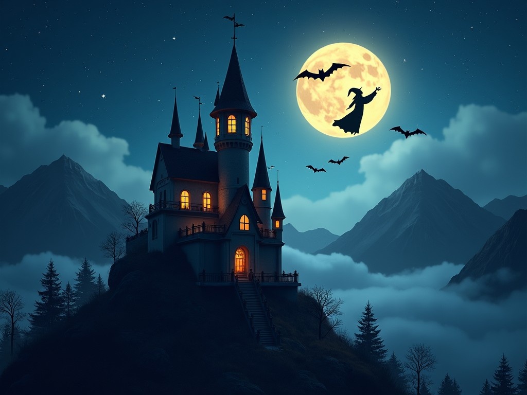 A mysterious, enchanted castle sits on a hill under a full moon. The sky is dark blue, with a bright moon casting light on the scene. Silhouetted against the moon are bats flying and a witch gliding through the night. The mountains in the background add depth, while the fog envelops the forest below. Castle windows glow warmly, contrasting against the mystic ambiance. The overall scene evokes enchanting yet spooky feelings that are perfect for Halloween.