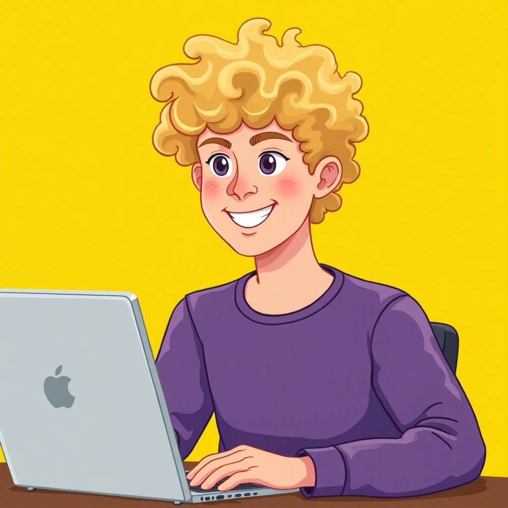 Drawing features a happy teen boy with blond curly hair sitting at a computer wearing a purple shirt against a yellow background.